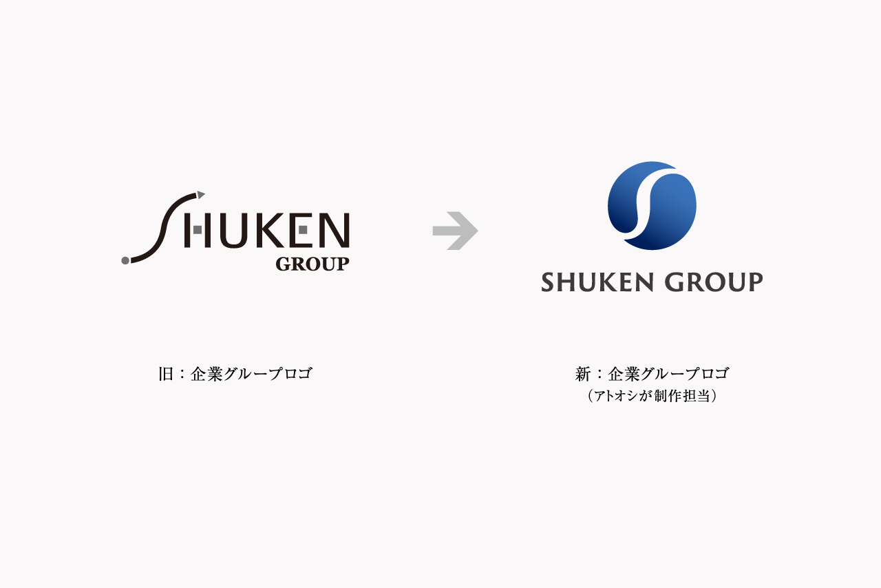 SHUKEN GROUPのロゴデザインのリニューアル前後を比較した画像。左側に旧ロゴ、右側に円形シンボルと「シナジーブルー」を用いた新ロゴが配置されている。